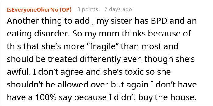 Comment discussing a woman with mental health issues described as fragile and toxic in a family dispute over treatment.