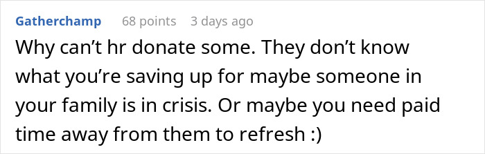 Comment discussing paid time off and coworkers trying to shame a guy into donating PTO for a colleague in crisis.