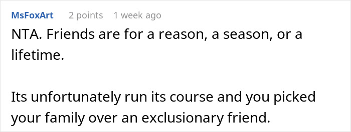 Screenshot of an online comment discussing friendship and family dynamics in relation to an engagement party conflict.