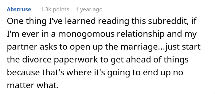 Comment text discussing advice on opening a marriage and the likely outcome of divorce in monogamous relationships.