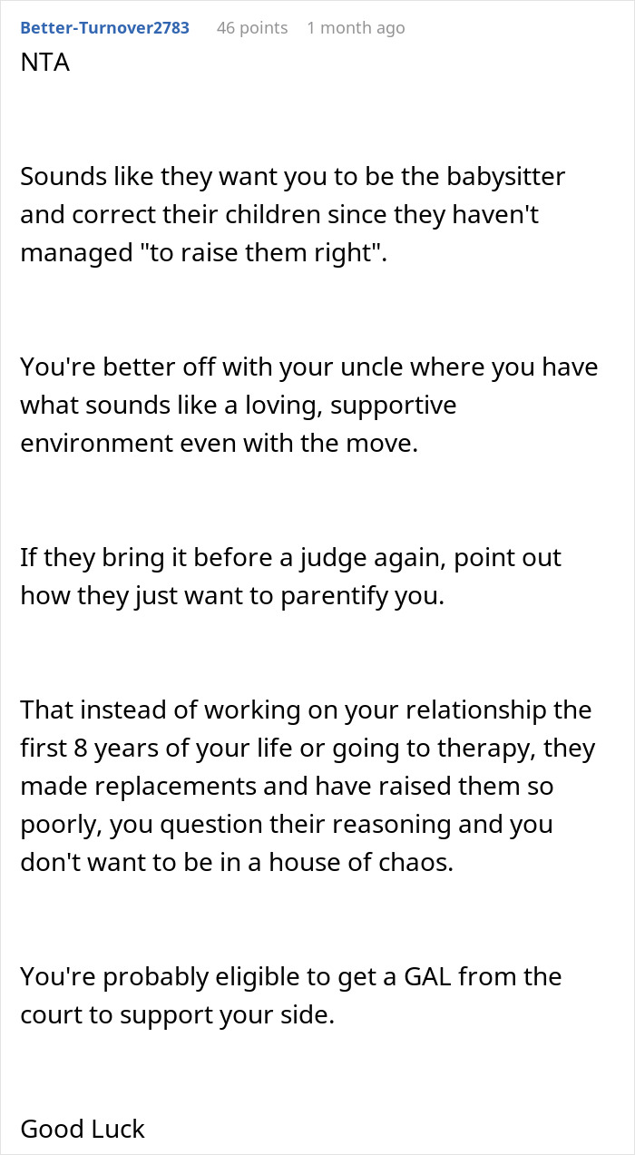 Comment explaining a teen refusing to live with bio parents who abandoned him and the court involvement in custody issues. Comment explaining a teen refusing to live with bio parents who abandoned him and the court involvement in custody issues.