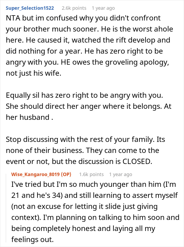 Reddit conversation discussing a guy fearing to tell his wife about leftovers and conflict involving his sister-in-law.