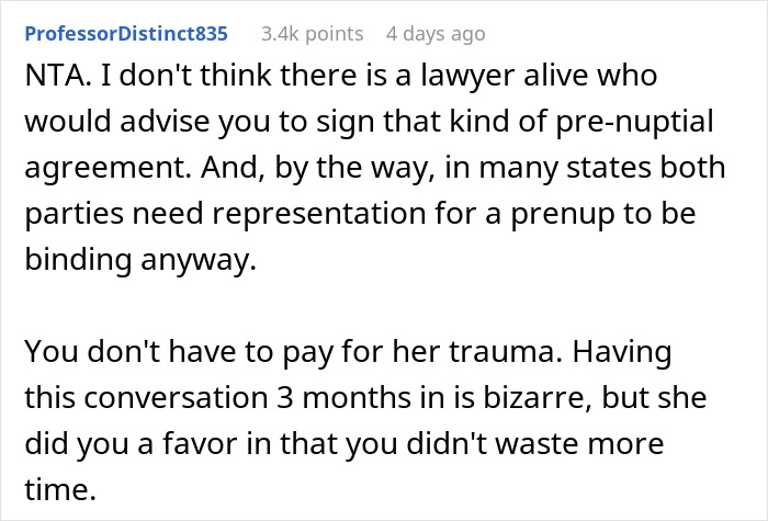 Comment discussing legal advice on signing a contract and prenup agreements related to income sharing.