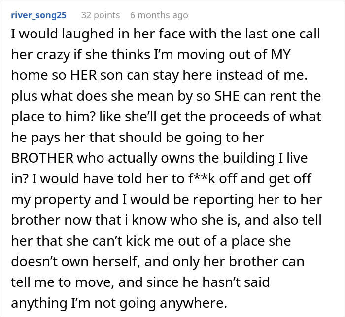 Comment discussing entitled sister harassing brother&rsquo;s tenant, highlighting family boundaries and tenant property rights.