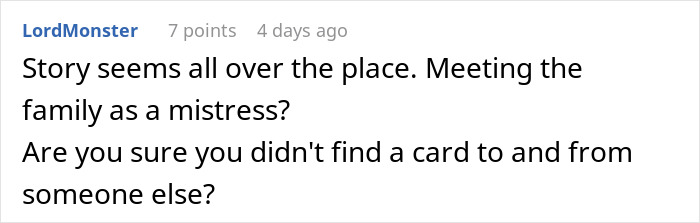 Comment discussing confusion about meeting the family while being a mistress in a complicated relationship situation.