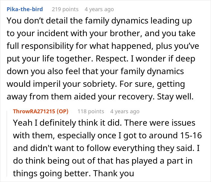 Reddit conversation discussing family dynamics and forgiveness after a man beat his brother five years ago.