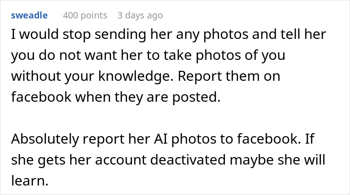 Comment text discussing reporting AI photos on Facebook, expressing concerns about a woman uncomfortable with AI images.