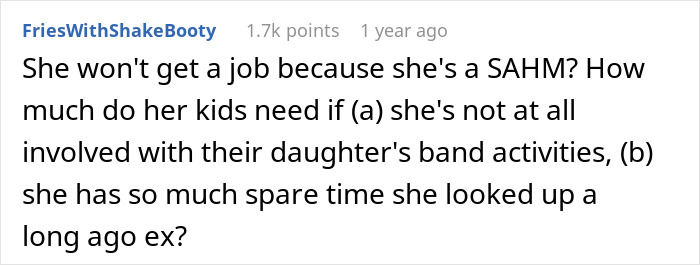 Screenshot of a Reddit comment discussing a wife making her husband agree to an open marriage to reconnect with her ex.