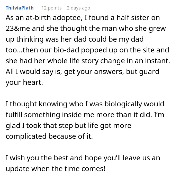 Comment from adopted user sharing experience with DNA test revealing family truth and its emotional impact on life. Comment from adopted user sharing experience with DNA test revealing family truth and its emotional impact on life.