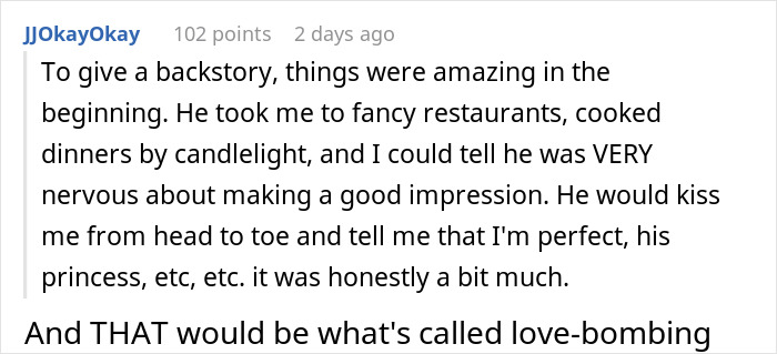 Screenshot of a Reddit comment describing a boyfriend who fears golddiggers but trusts if she cooks, sharing a personal backstory.