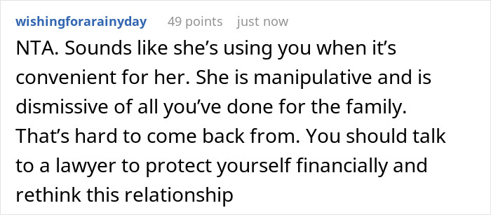 Comment advising legal and financial protection regarding stepson college family money issues.