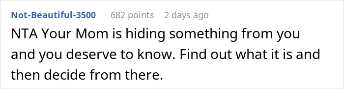 Reddit comment highlighting conflict over daughter getting a DNA test, emphasizing mom's opposition and suspicion. Reddit comment highlighting conflict over daughter getting a DNA test, emphasizing mom's opposition and suspicion.