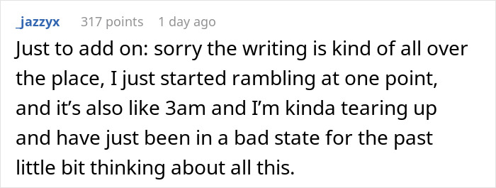 Text post from user jazzyx expressing emotional struggle and feeling overwhelmed while caring for autistic brother, impacting love and school.