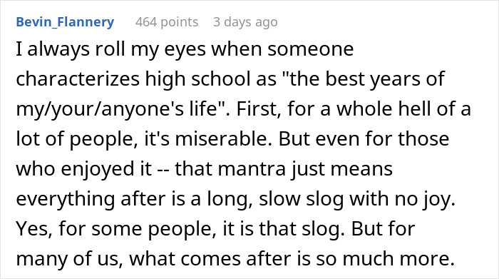 Text post expressing frustration about the idea that high school is the best years, feeling resentment and joyless slog afterward. Text post expressing frustration about the idea that high school is the best years, feeling resentment and joyless slog afterward.