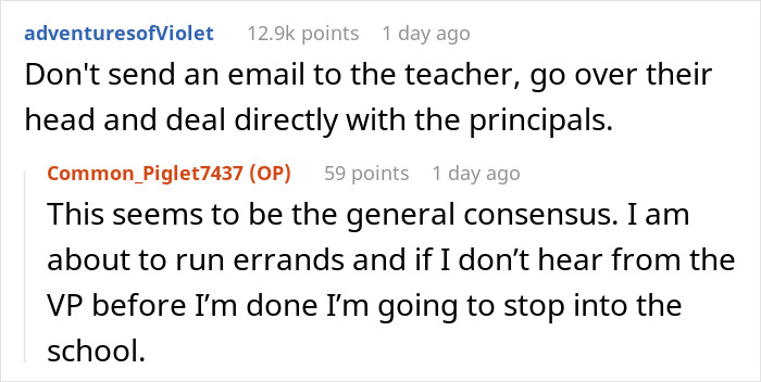 Reddit comments showing a mom discussing frustration with a teacher ignoring her daughter&rsquo;s emergency at school.