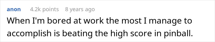 Screenshot of a forum comment about being bored at work and beating the high score in pinball, scammer and hotel receptionist context.