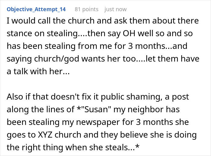 Text post discussing neighbor stealing newspapers and involving church beliefs, religious pamphlet, and police intervention ideas.