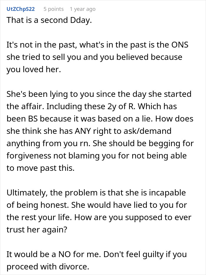 Comment discussing a man discovering his wife&rsquo;s cheating and the impact on trust after two years.