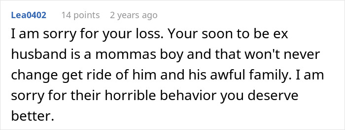 Screenshot of an online comment expressing sympathy for a wife dealing with husband and in-laws rudeness.
