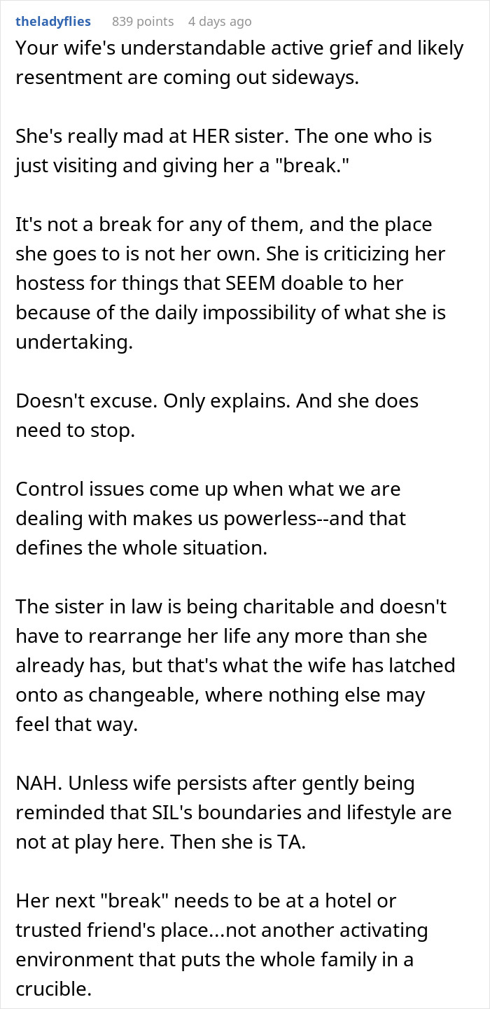 Screenshot of a Reddit comment discussing a woman complaining about her sister in law while staying for free, causing hubby annoyance. Screenshot of a Reddit comment discussing a woman complaining about her sister in law while staying for free, causing hubby annoyance.