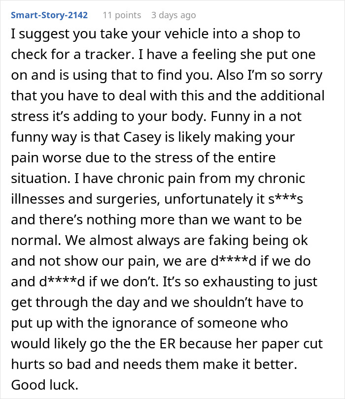 Screenshot of a Reddit comment discussing stress and skepticism around chronic pain and disability claims at work.