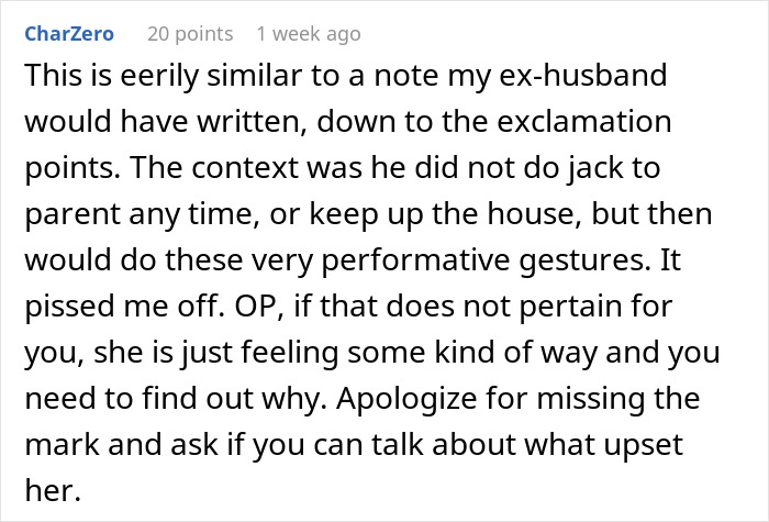 Comment discussing a husband's note to wife and the internet's divided reactions over why she is mad.