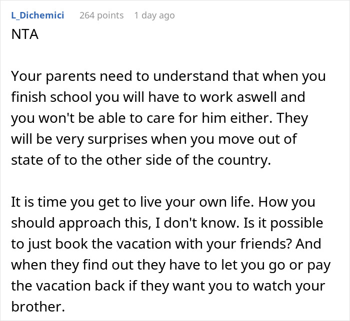 Comment text discussing challenges a woman faces caring for her autistic brother while balancing school and personal life.