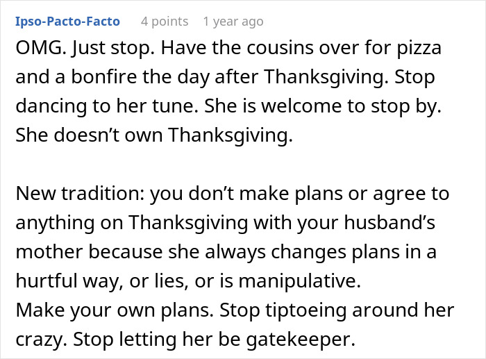 Comment discussing a woman refusing to attend MIL&rsquo;s Thanksgiving after being reinvited due to other guests flaking.