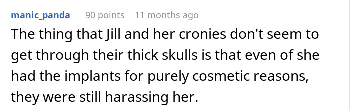Screenshot of a user comment discussing implants and harassment related to a cancer surgery story and coworker remark.