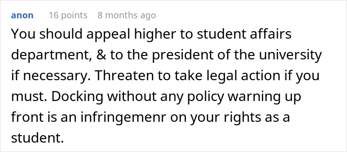 Comment discussing student pushback after professor enforces phone rule without prior warning in an academic setting.