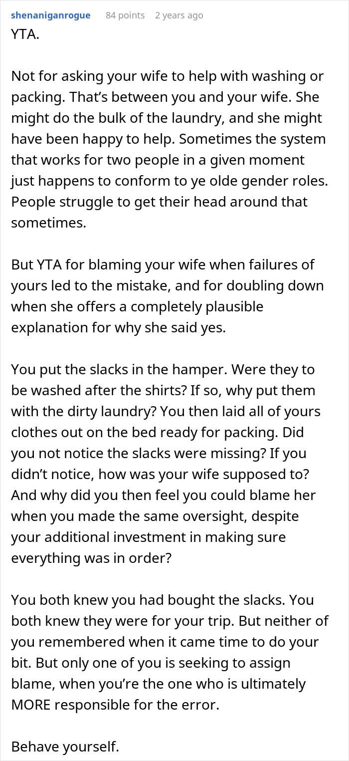 Forum comment discussing a man blaming his wife for no slacks on business trip, internet users disagree strongly with him.