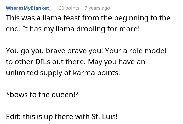 Comment praising a daughter-in-law for outsmarting her mother-in-law in a long game involving rearranging furniture.