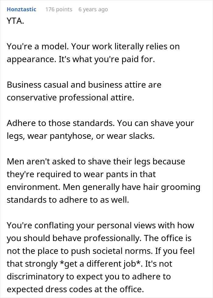 Comment discussing refuse shaving legs work, emphasizing professional appearance and adhering to office dress codes.