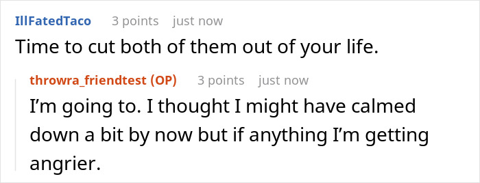 Screenshot of a Reddit conversation discussing cutting toxic people out of life after a friendship causes a 10-year marriage to end.