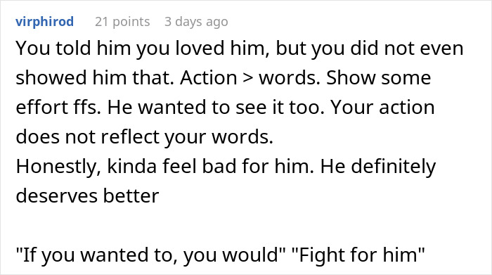 Comment venting about husband leaving her due to trust issues and lack of jealousy, expressing frustration and sympathy.