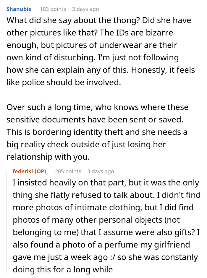 Commenters discussing a mother secretly taking photos of her son's girlfriend’s ID and personal belongings, concern over privacy.