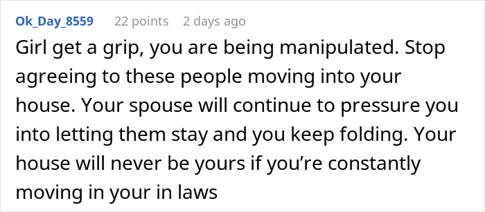 Comment about wife done with husband&rsquo;s relatives living with them, refusing to house his mommy amid conflict.