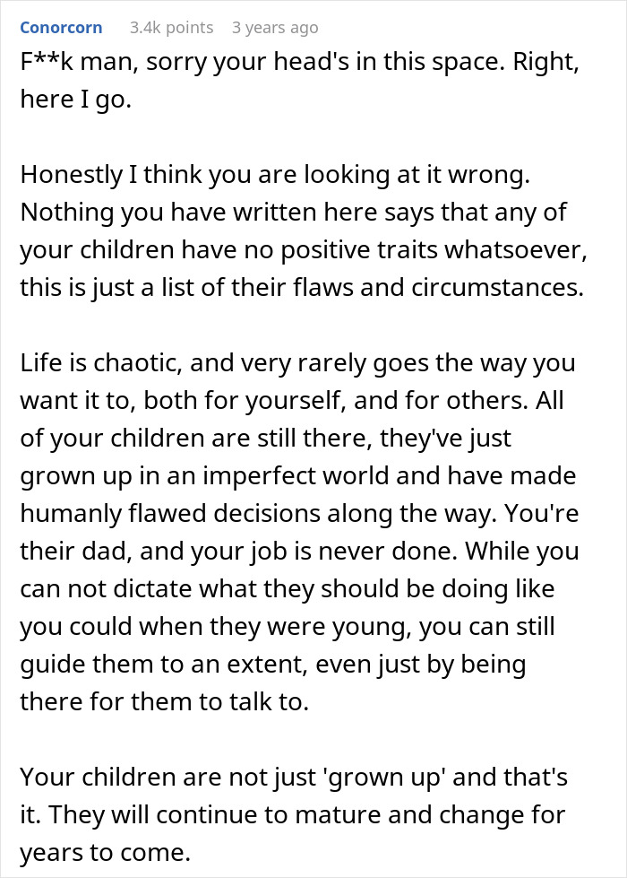 Comment discussing a dad claiming he did everything for his children but views all 5 as failures, reflecting on parenting challenges. Comment discussing a dad claiming he did everything for his children but views all 5 as failures, reflecting on parenting challenges.