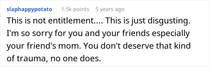 Screenshot of a social media comment expressing sympathy for a friend’s mom and condemning entitlement and trauma related to creepy dad.