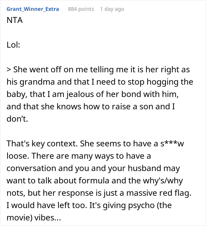 Reddit screenshot about a mom storming off with her baby from MIL after she tried to take over feeding.