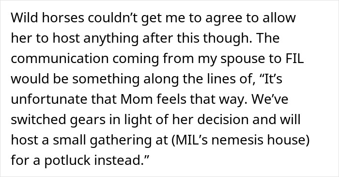Text excerpt discussing communication about MIL&rsquo;s rejected inappropriate baby shower idea and alternative plans for a potluck gathering.