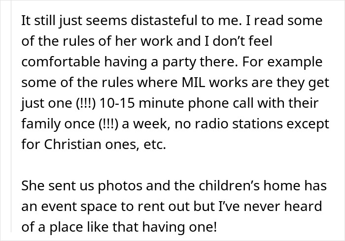 Text discussing discomfort with MIL&rsquo;s work rules and rejection of inappropriate baby shower idea at her workplace event space.