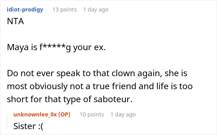 Comment section discussing woman blasted for skipping birthday party her sister organized due to ex being invited.