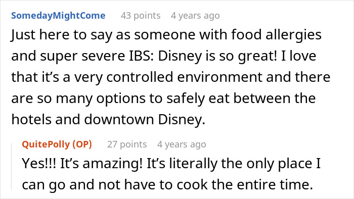 Screenshot of an online discussion about husband parents coming honeymoon surprise, focusing on managing food allergies and dietary options.