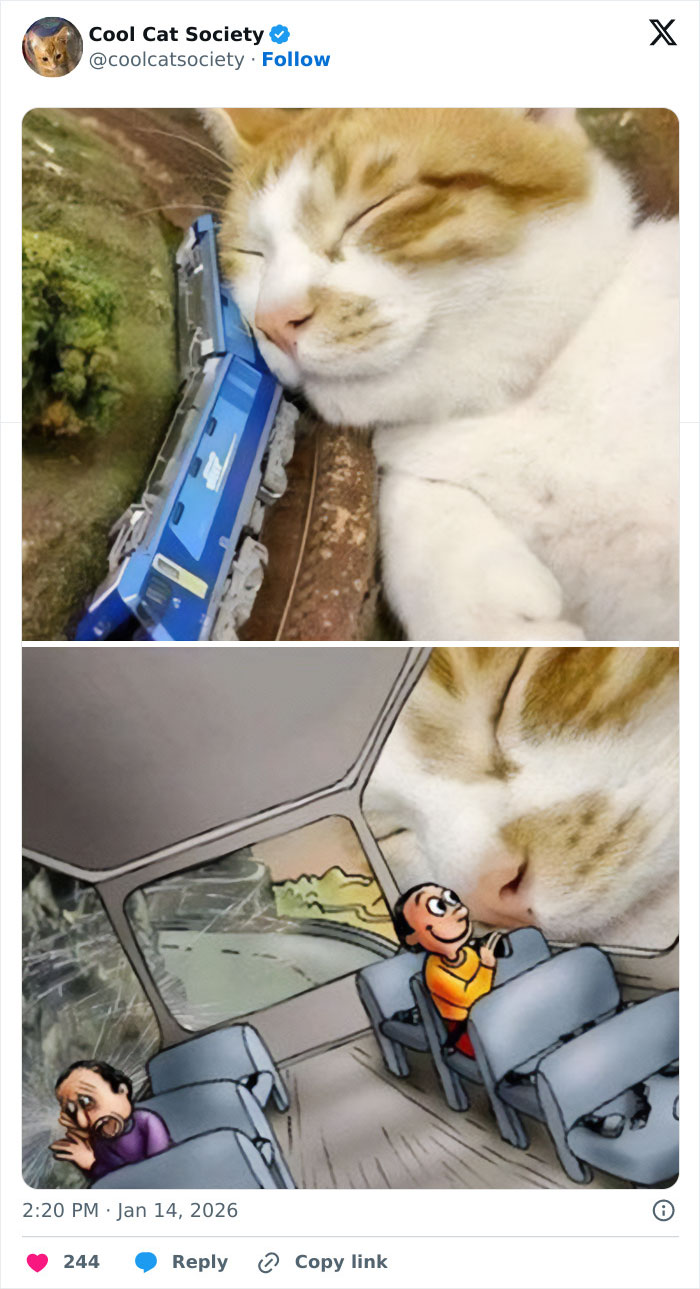 Sleeping cat leaning on a toy train with a cartoon of passengers reacting to the cat on a bus, funny cat memes.