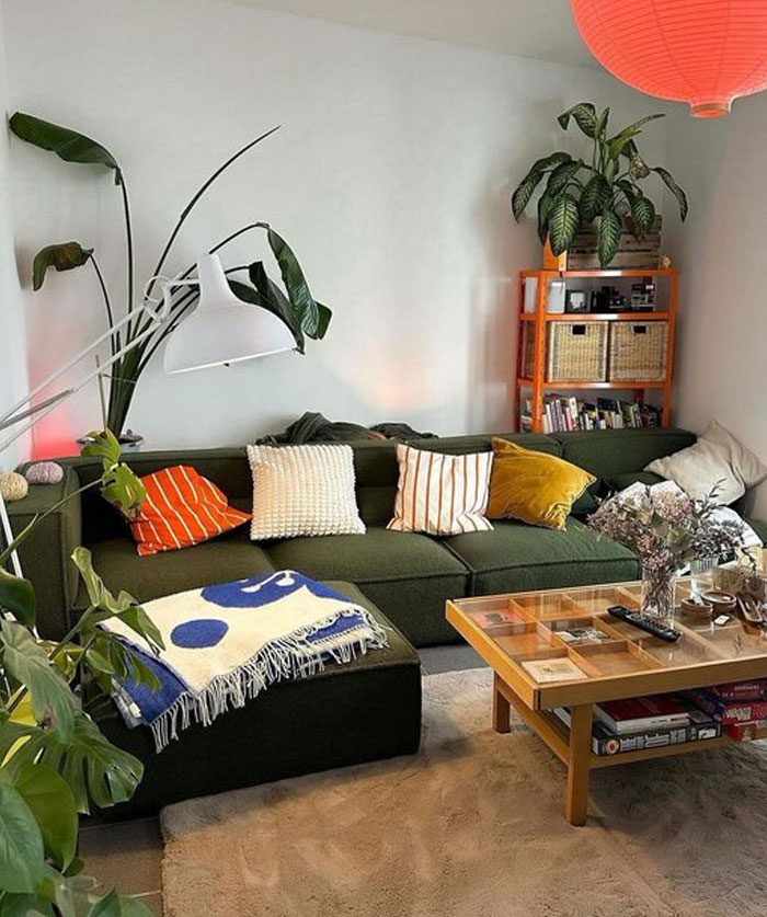 Cozy living room with cool interior design ideas featuring a green sofa, vibrant pillows, plants, and a wooden coffee table.