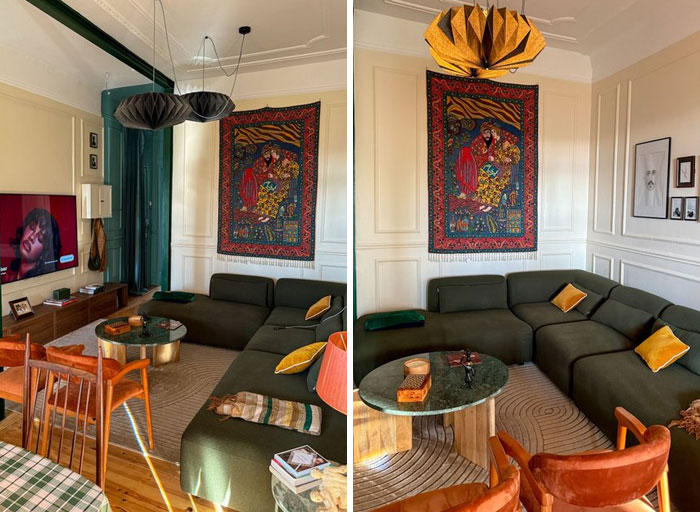 Modern living room with cool interior design ideas featuring a green sectional sofa, colorful wall art, and unique lighting fixtures.