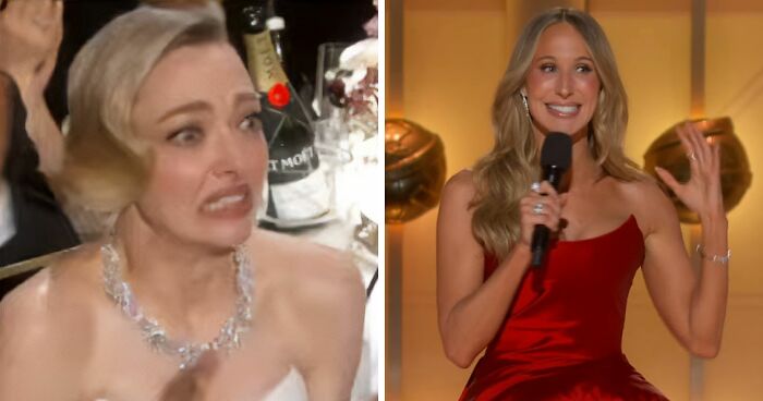 Split image showing a woman reacting awkwardly at an event and another woman speaking on stage at the 2026 Golden Globes.
