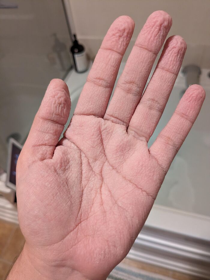Close-up of a human hand with wrinkled skin caused by prolonged water exposure showing creepy facts about the human body.