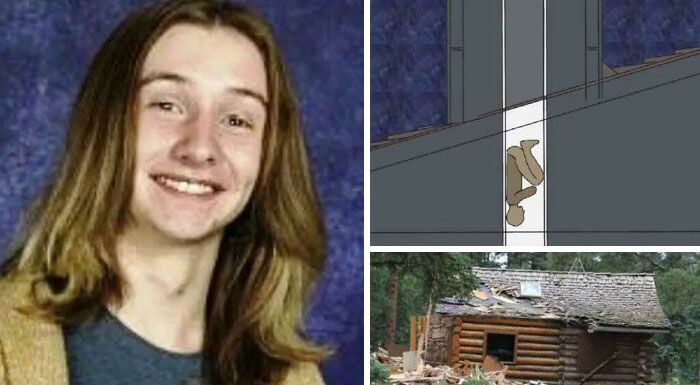 Young man smiling in a photo, alongside an illustration and a damaged cabin in a story about unsettling history and crime.